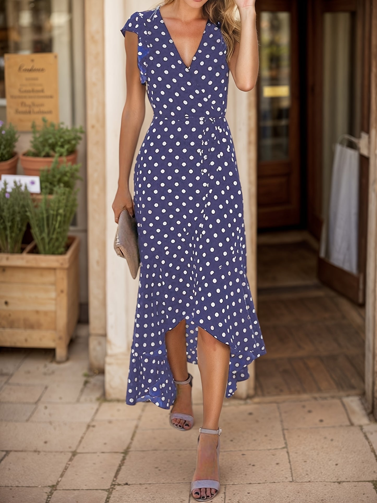 Women's A-Line Dot Polka Print Long Dress V-Neck Wedding Guest, Graduation, Party Maxi Dress