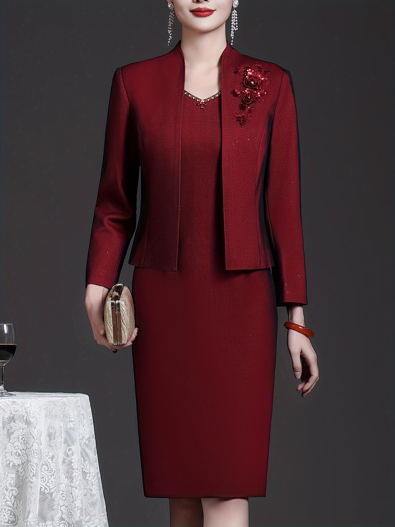 Two-piece Wine Red Elegant Dress Set,