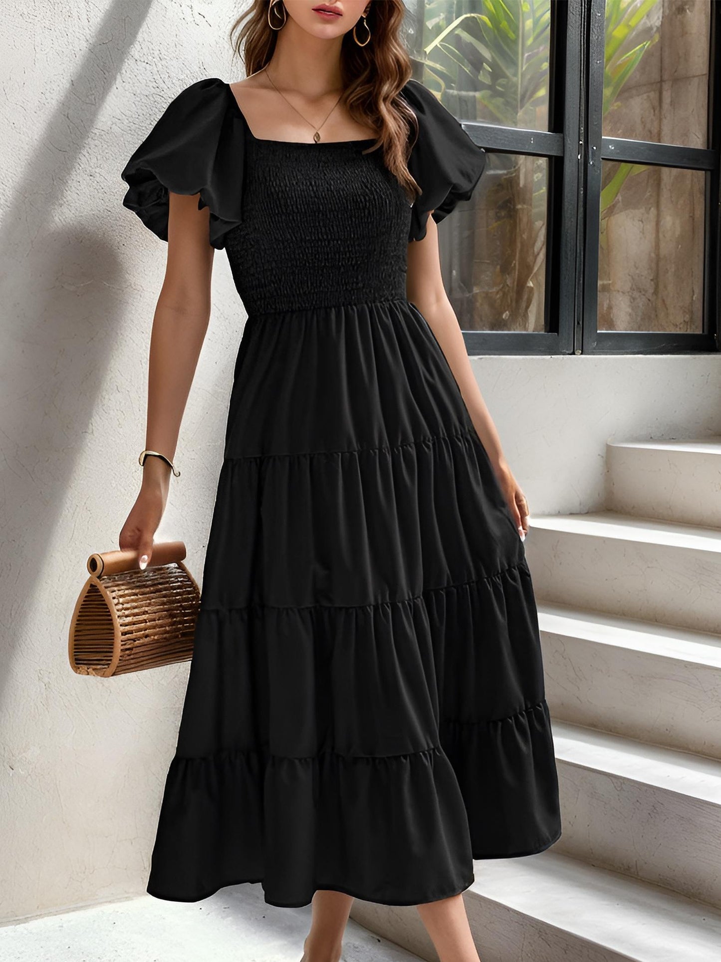 Stunning Women's Princess Dress with Elastic Waist, Wide Ruffle Hem, and Lantern Puffle Sleeves, Perfect for Parties