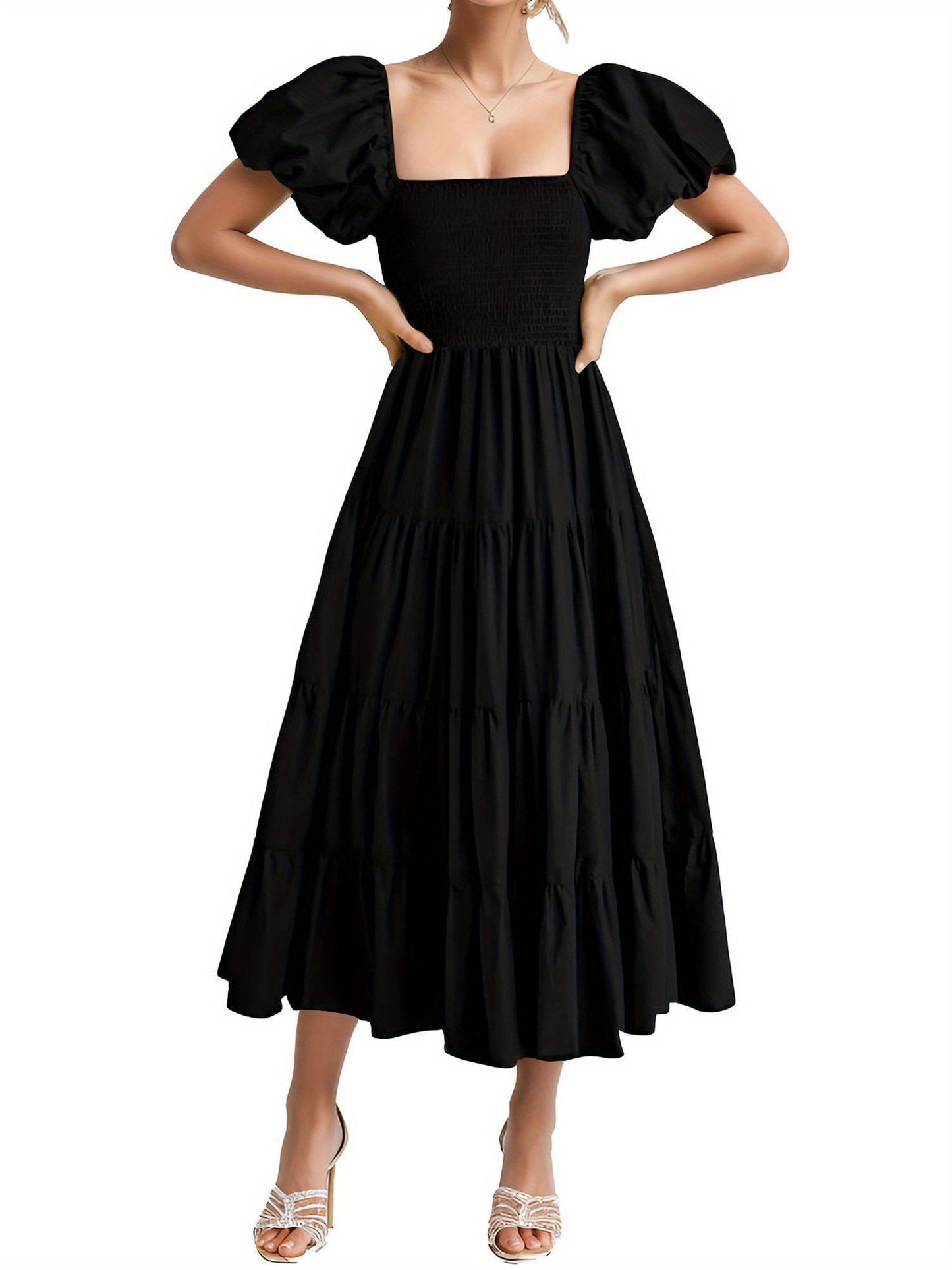 Stunning Women's Princess Dress with Elastic Waist, Wide Ruffle Hem, and Lantern Puffle Sleeves, Perfect for Parties