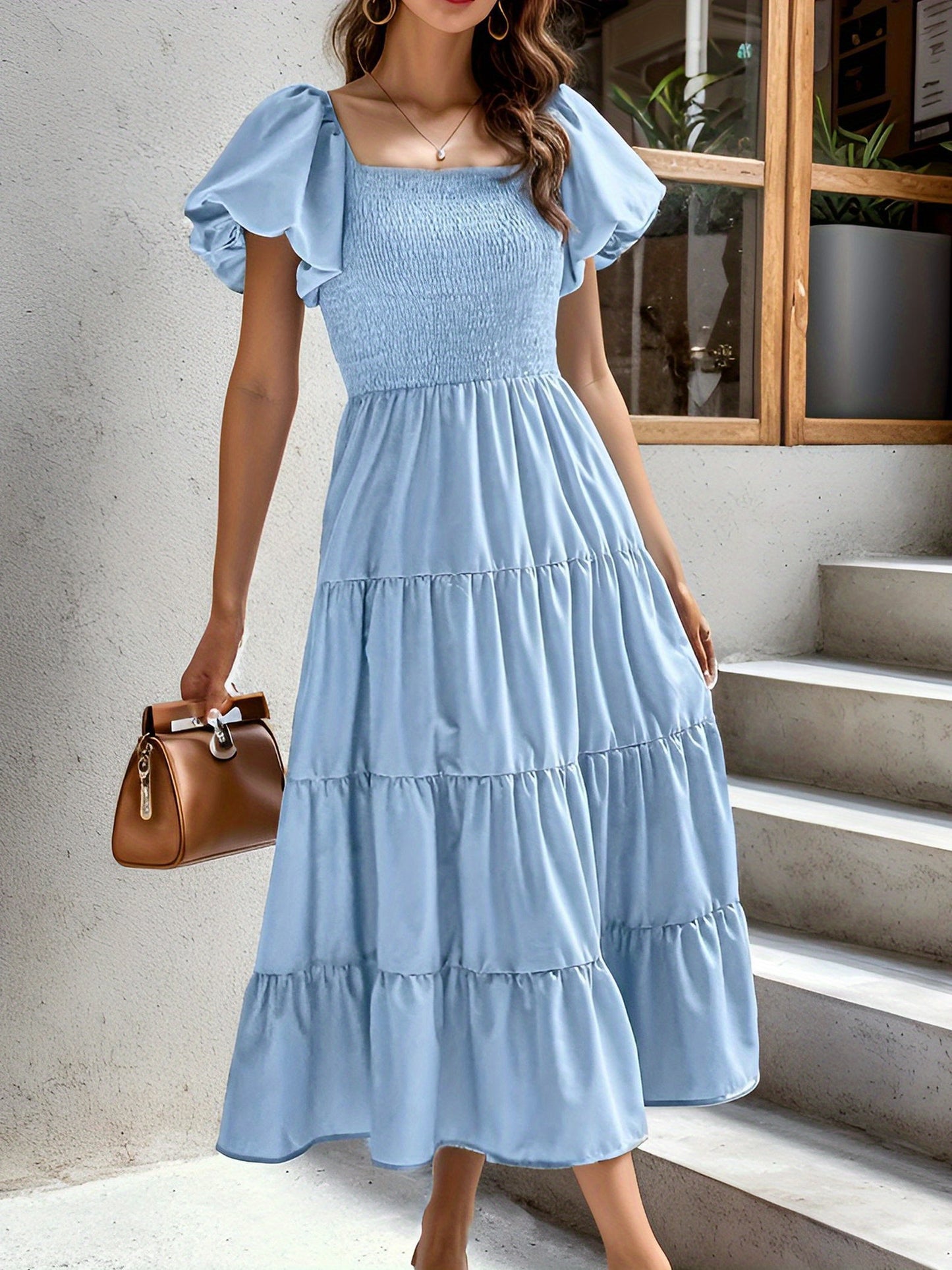 Stunning Women's Princess Dress with Elastic Waist, Wide Ruffle Hem, and Lantern Puffle Sleeves, Perfect for Parties