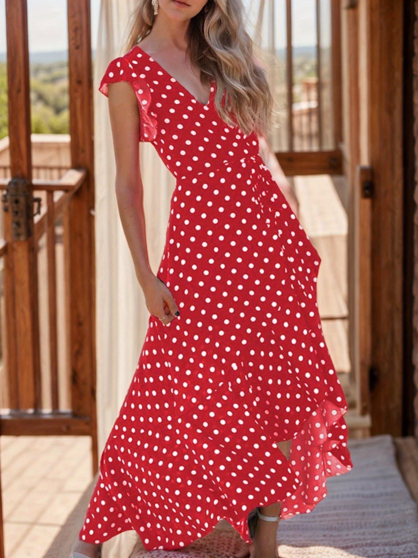 Chic Vintage Polka Dot Dress Long, V-Neck