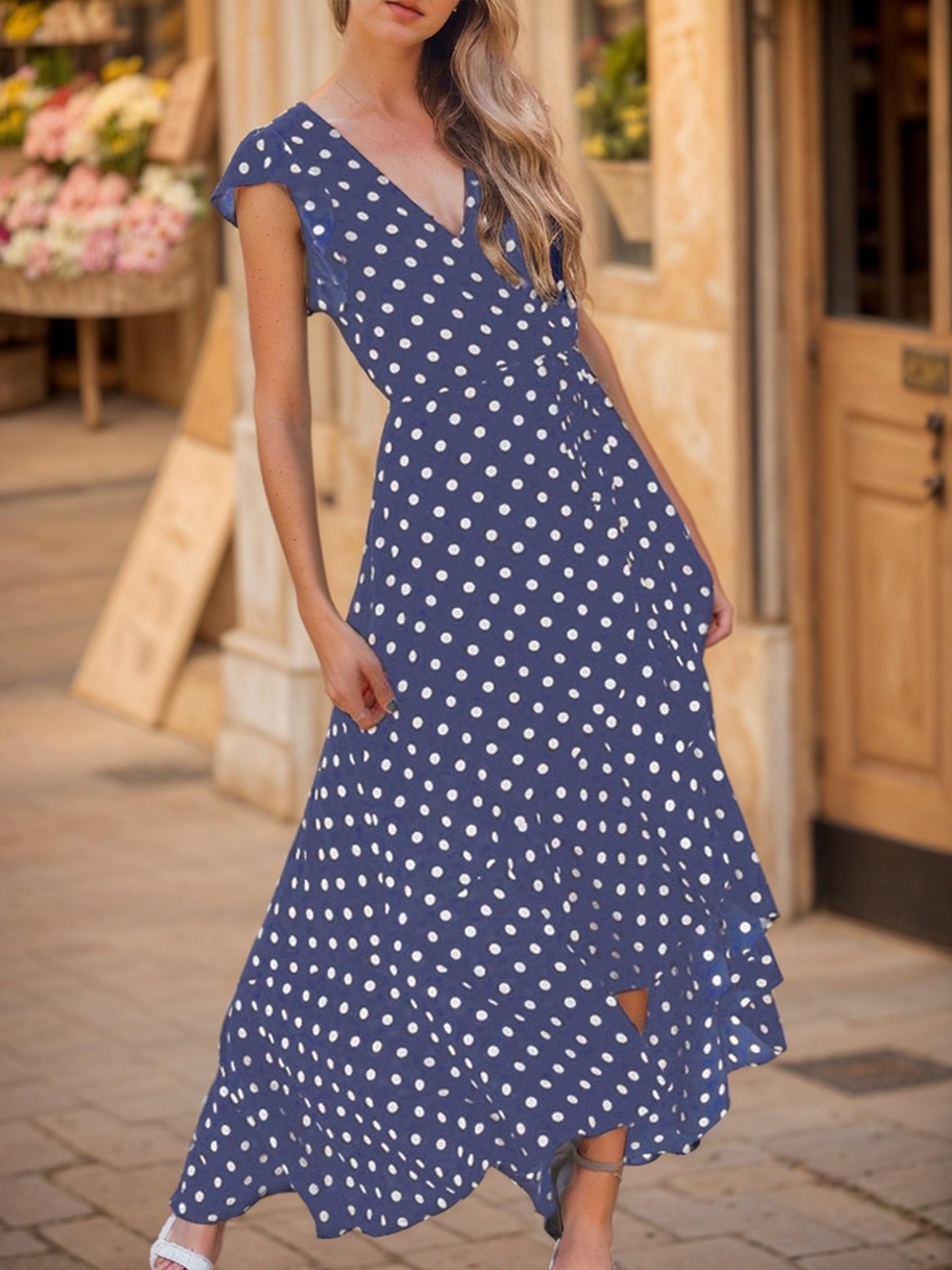 Chic Vintage Polka Dot Dress Long, V-Neck