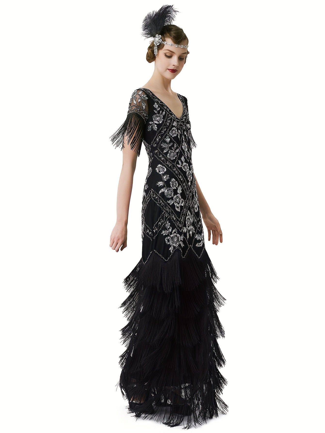 Women's Flapper Dress 1920s V-Neck Evening Gown