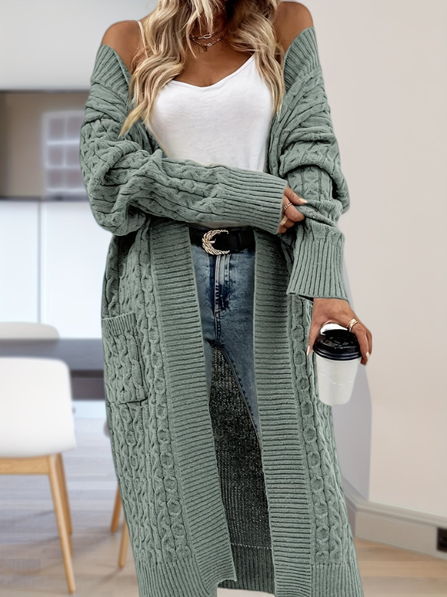 Long Womens Cable Knit Open Front Cardigan Sweater