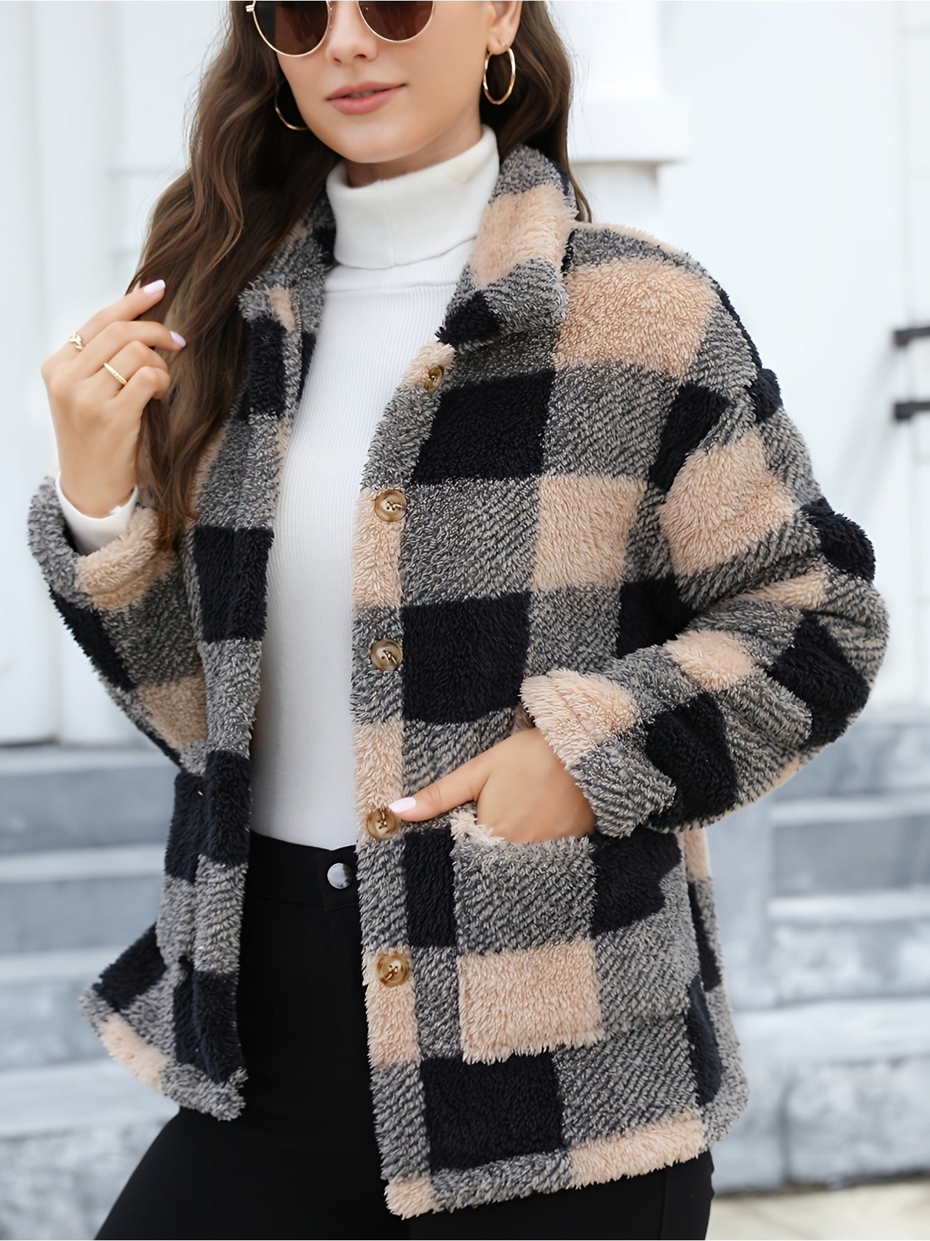 Plaid Patchwork Pocket Plush Coat