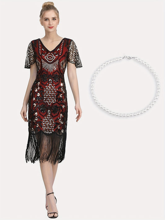 20S Plus Size  Midi Dress with Pearl Necklace