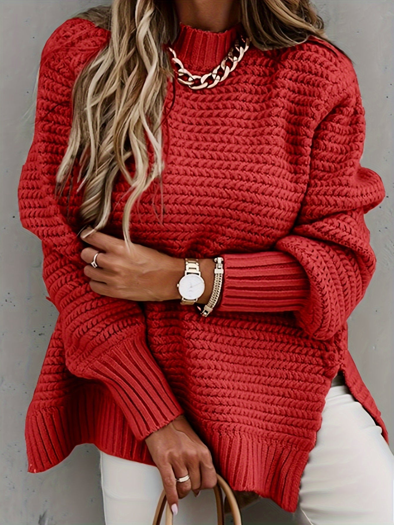 Elegant Long Sleeve Hem Mock Neck Sweater