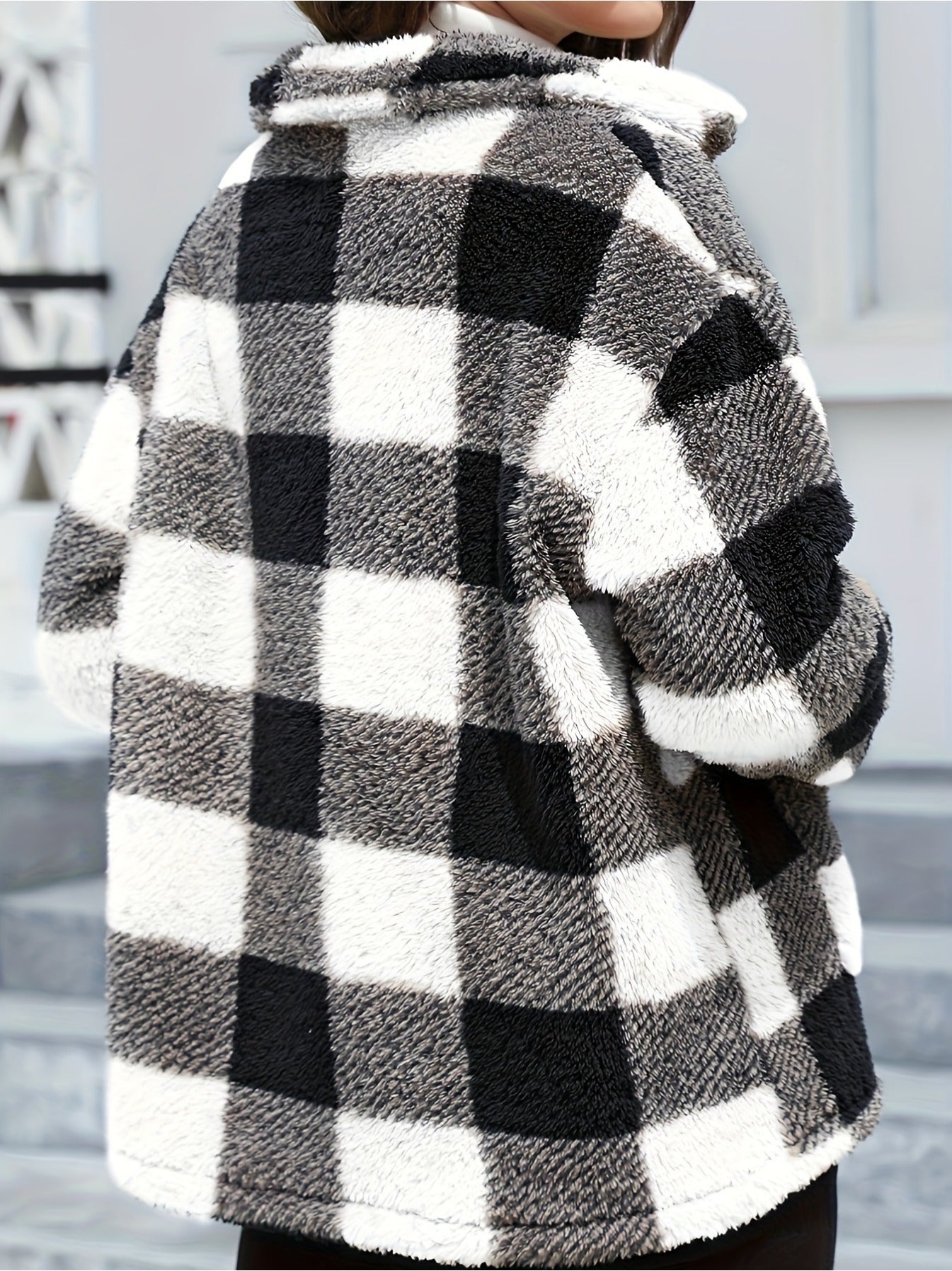 Plaid Patchwork Pocket Plush Coat