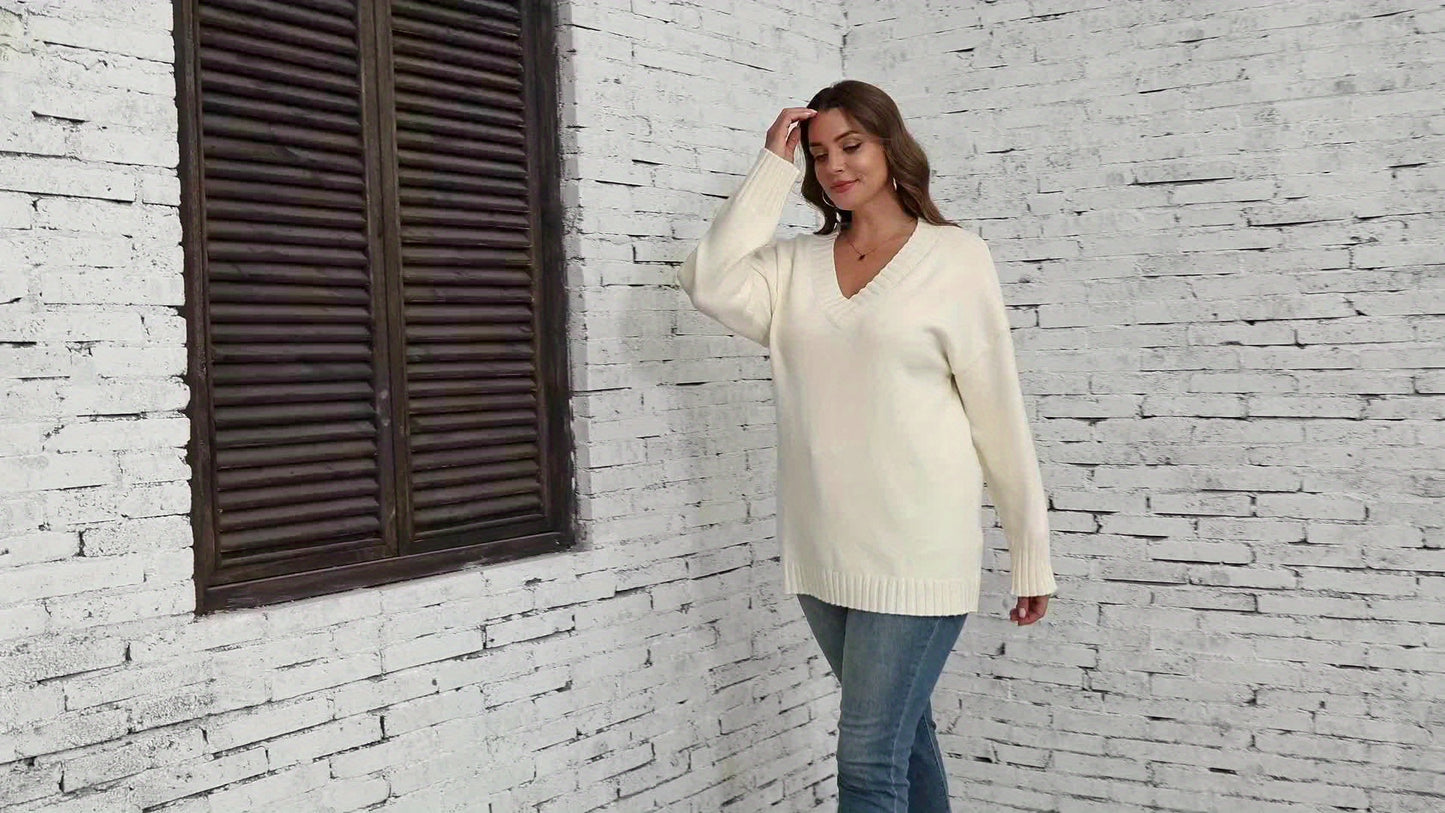 Women's Loose Sweaters Sexy V Neck Long Sleeve