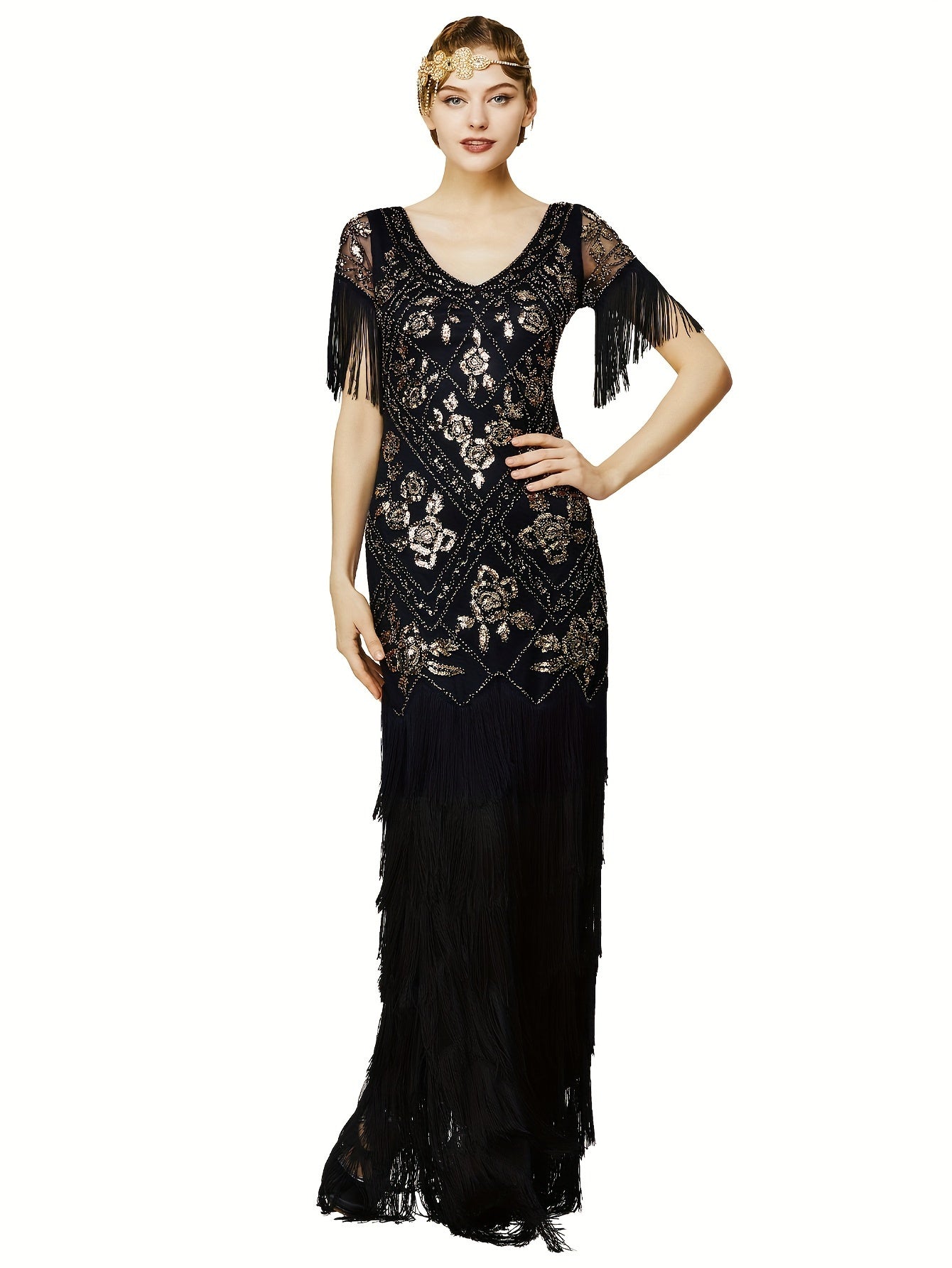 Women's Flapper Dress 1920s V-Neck Evening Gown