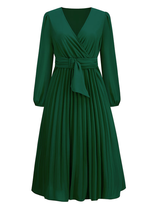 Elegant Long Sleeve V-Neck Pleated Dress