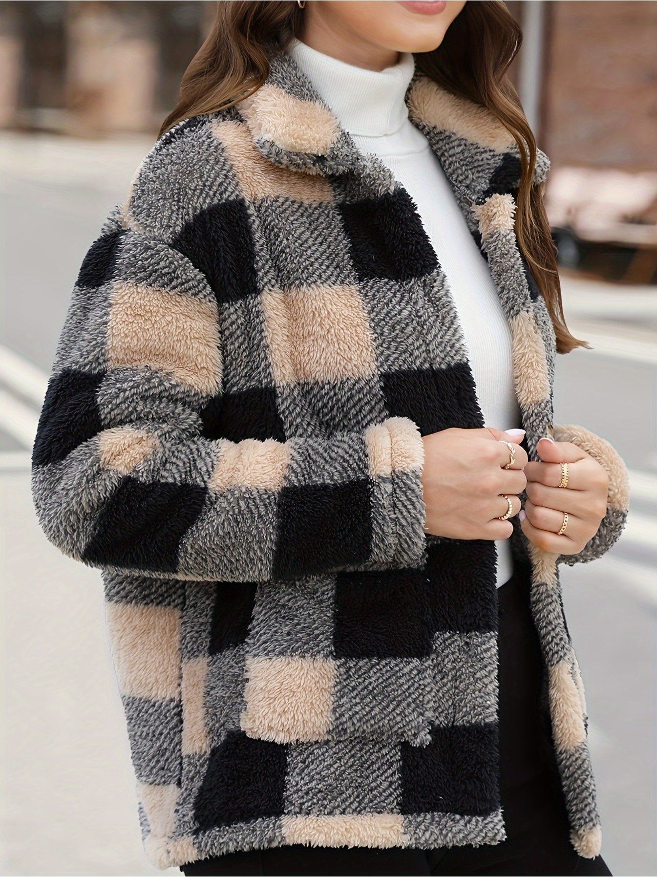 Plaid Patchwork Pocket Plush Coat