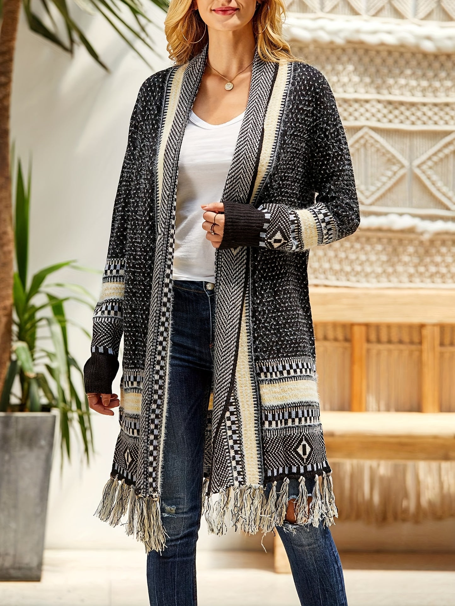 Women Boho Cardigan Sweater Long Open Front