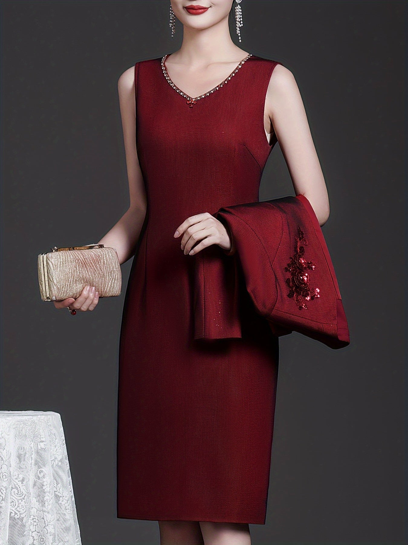 Two-piece Wine Red Elegant Dress Set,