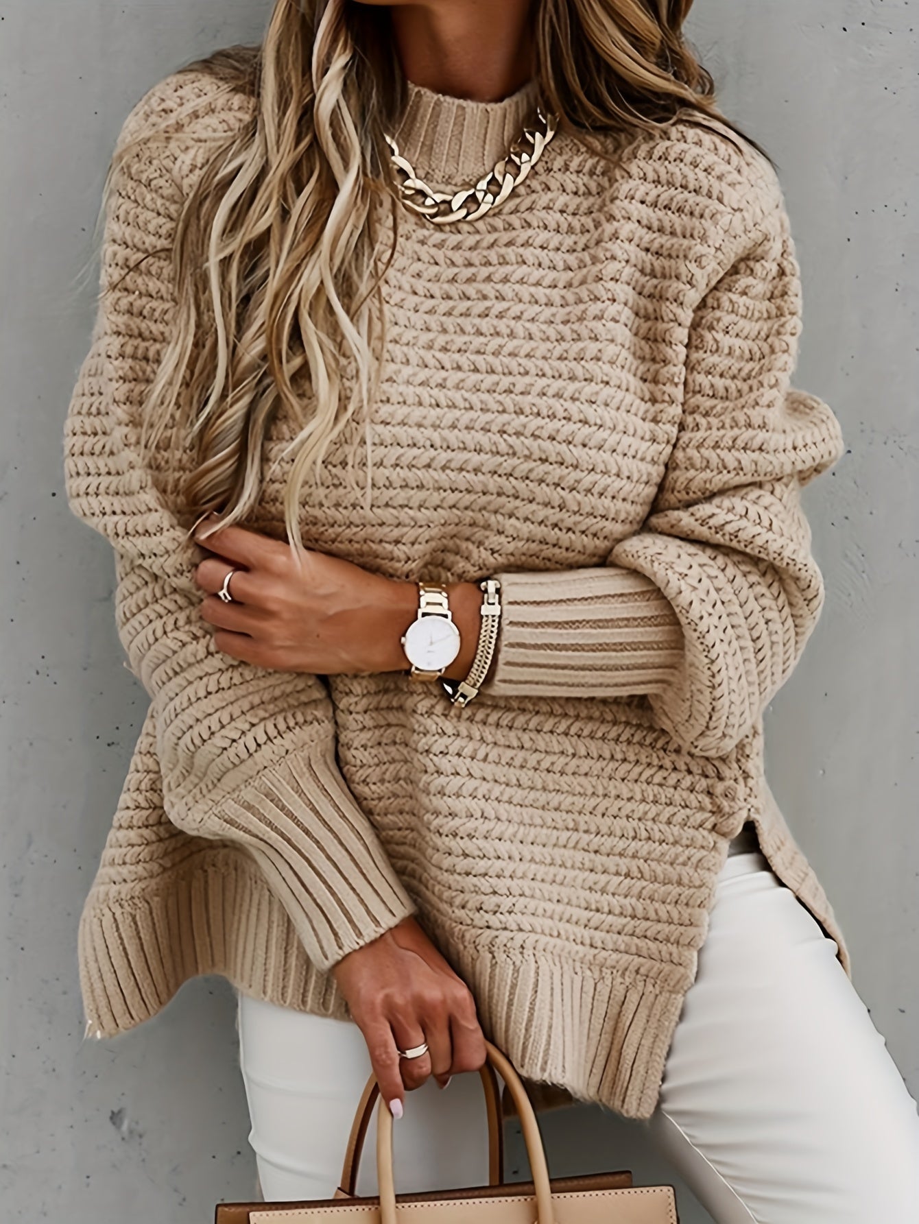 Elegant Long Sleeve Hem Mock Neck Sweater