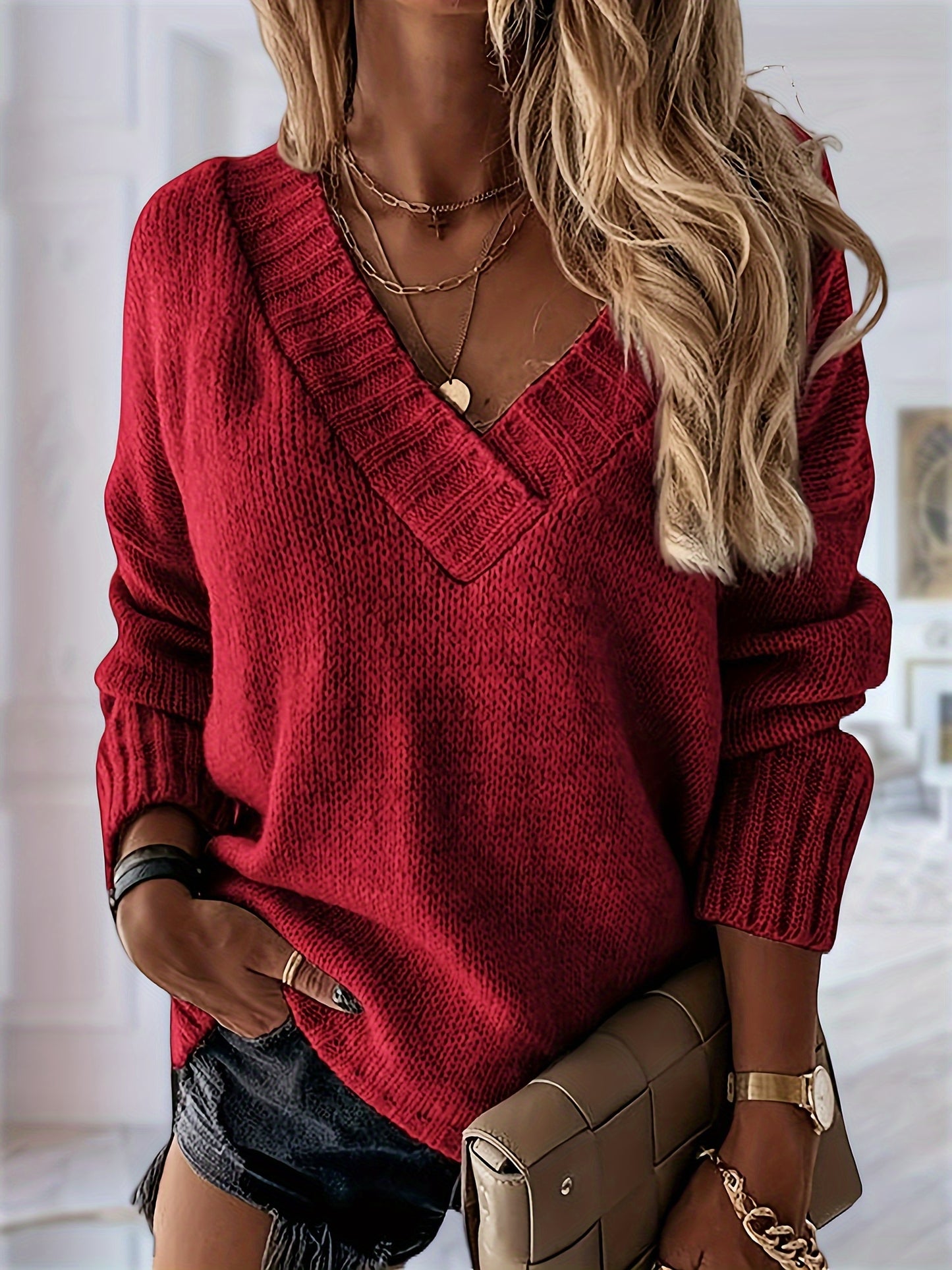 Women's Loose Sweaters Sexy V Neck Long Sleeve