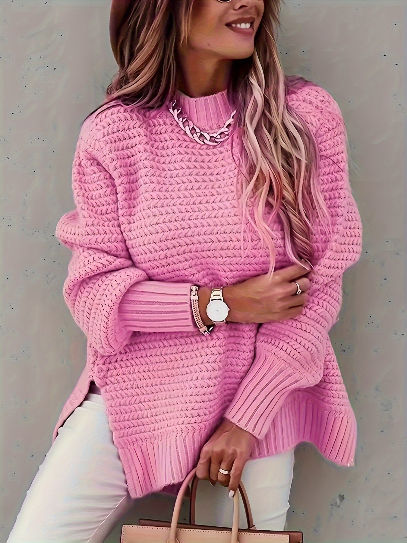 Elegant Long Sleeve Hem Mock Neck Sweater