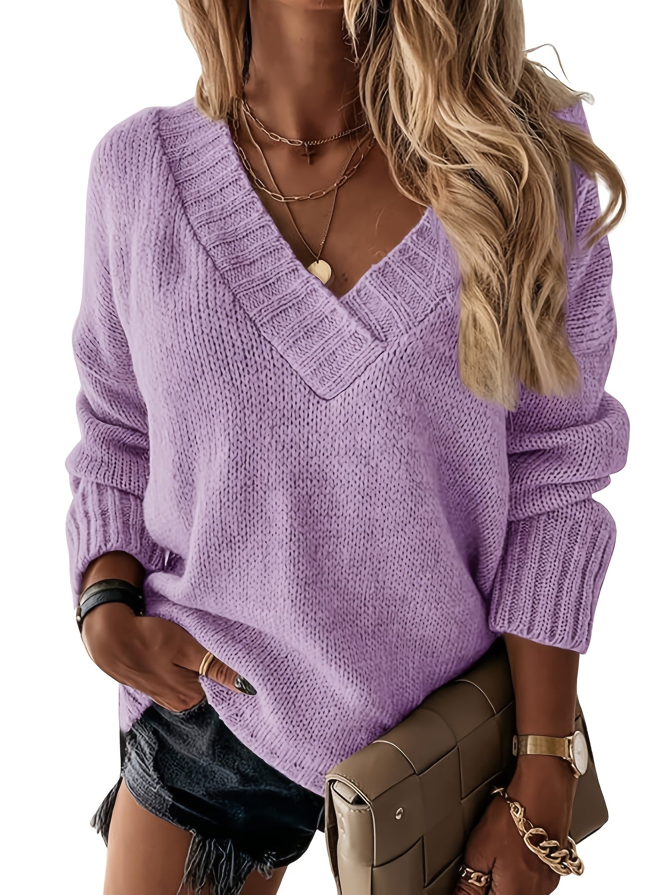 Solid Knitted Womens Sexy V Neck Loose Sweater