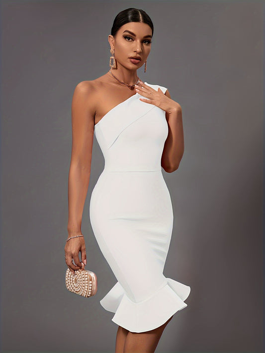 Elegant Shoulder Ruffled Summer Knee-Length Evening Dress