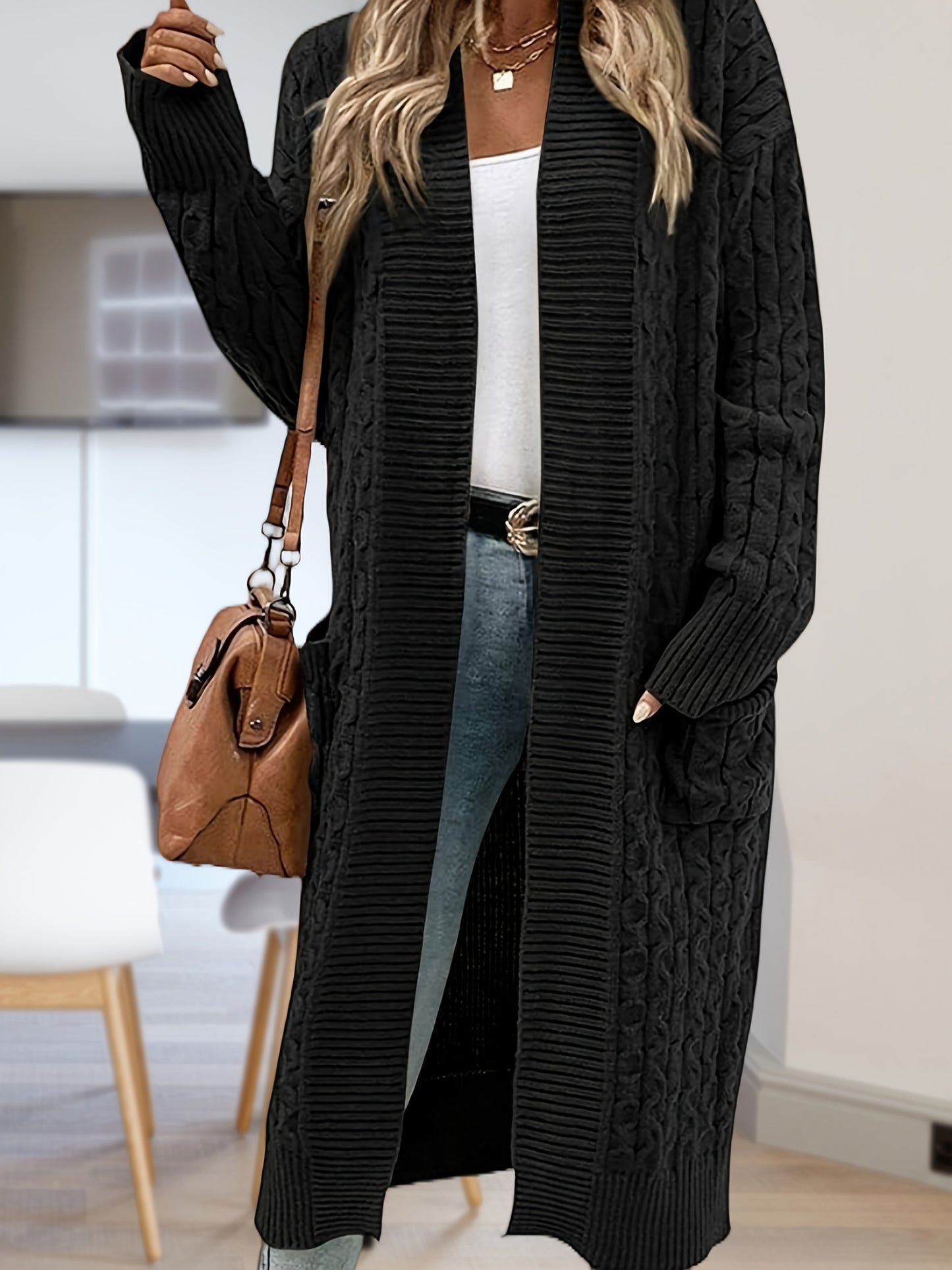 Long Womens Cable Knit Open Front Cardigan Sweater