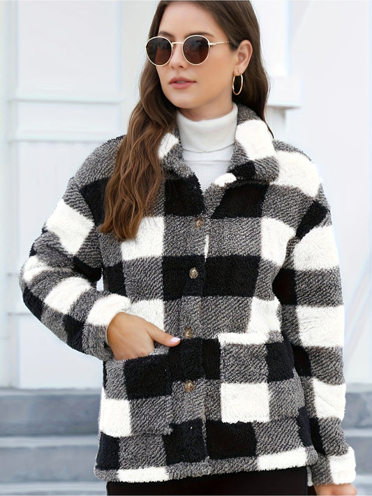 Plaid Patchwork Pocket Plush Coat