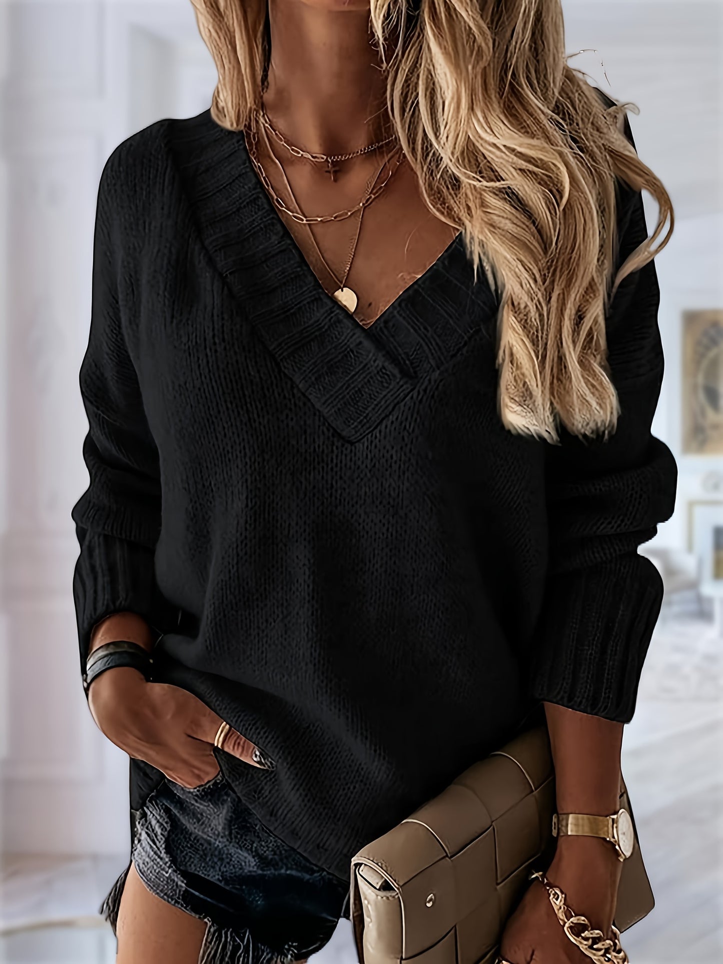 Women's Loose Sweaters Sexy V Neck Long Sleeve