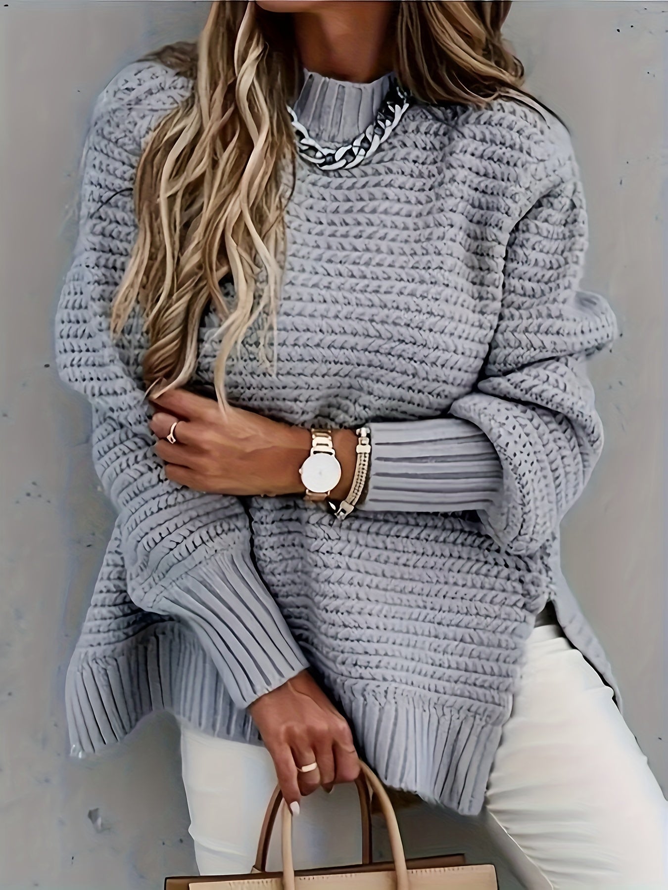 Elegant Long Sleeve Hem Mock Neck Sweater