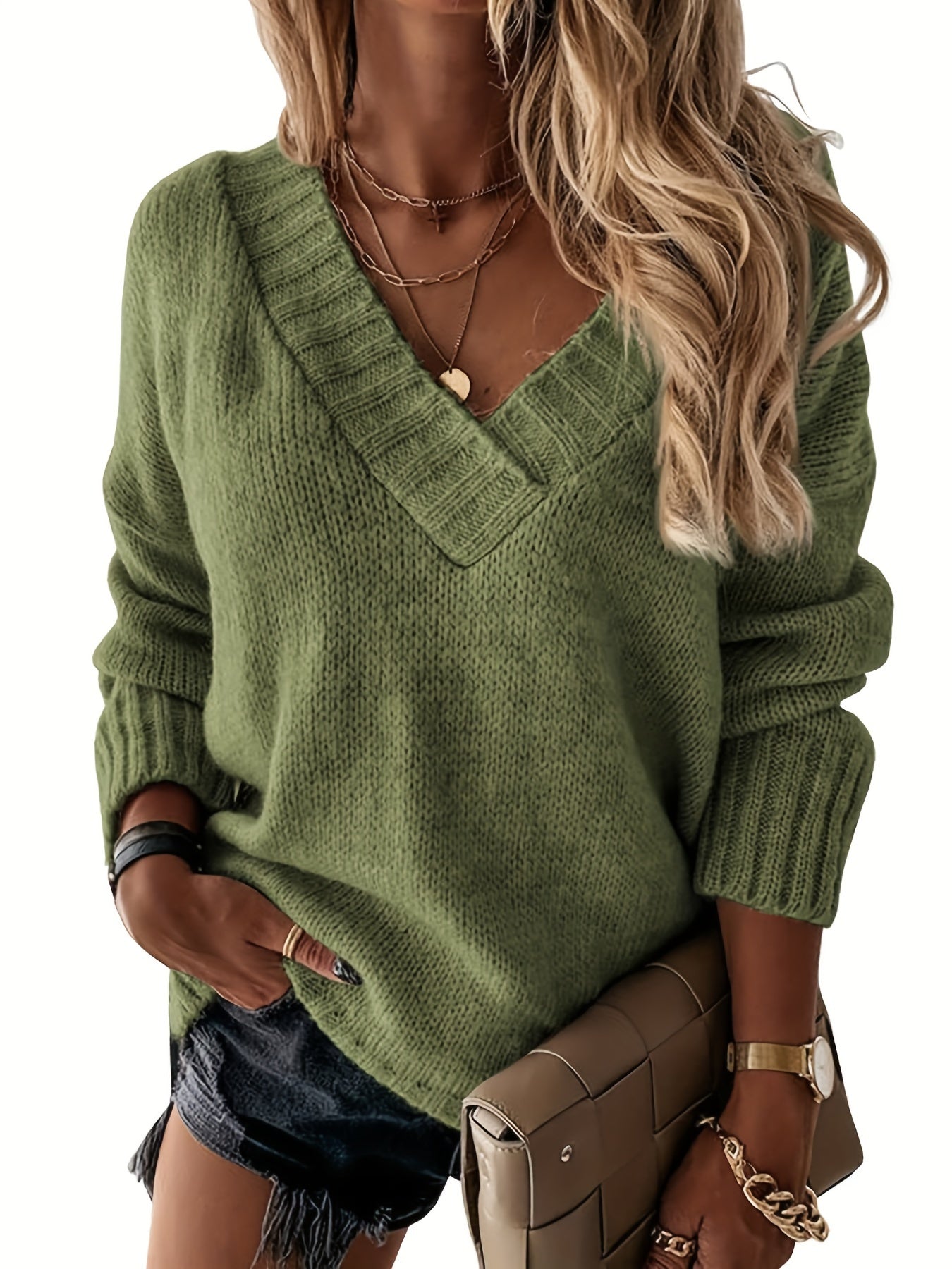 Solid Knitted Womens Sexy V Neck Loose Sweater