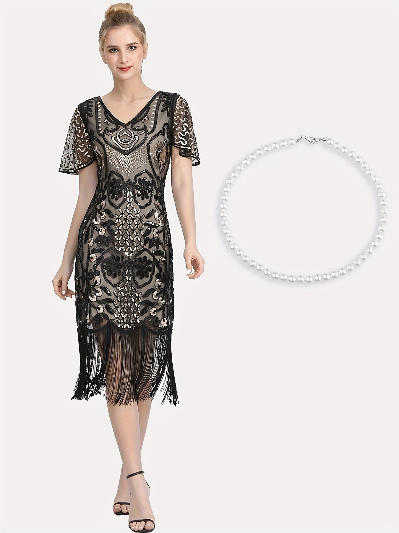 20S Plus Size  Midi Dress with Pearl Necklace