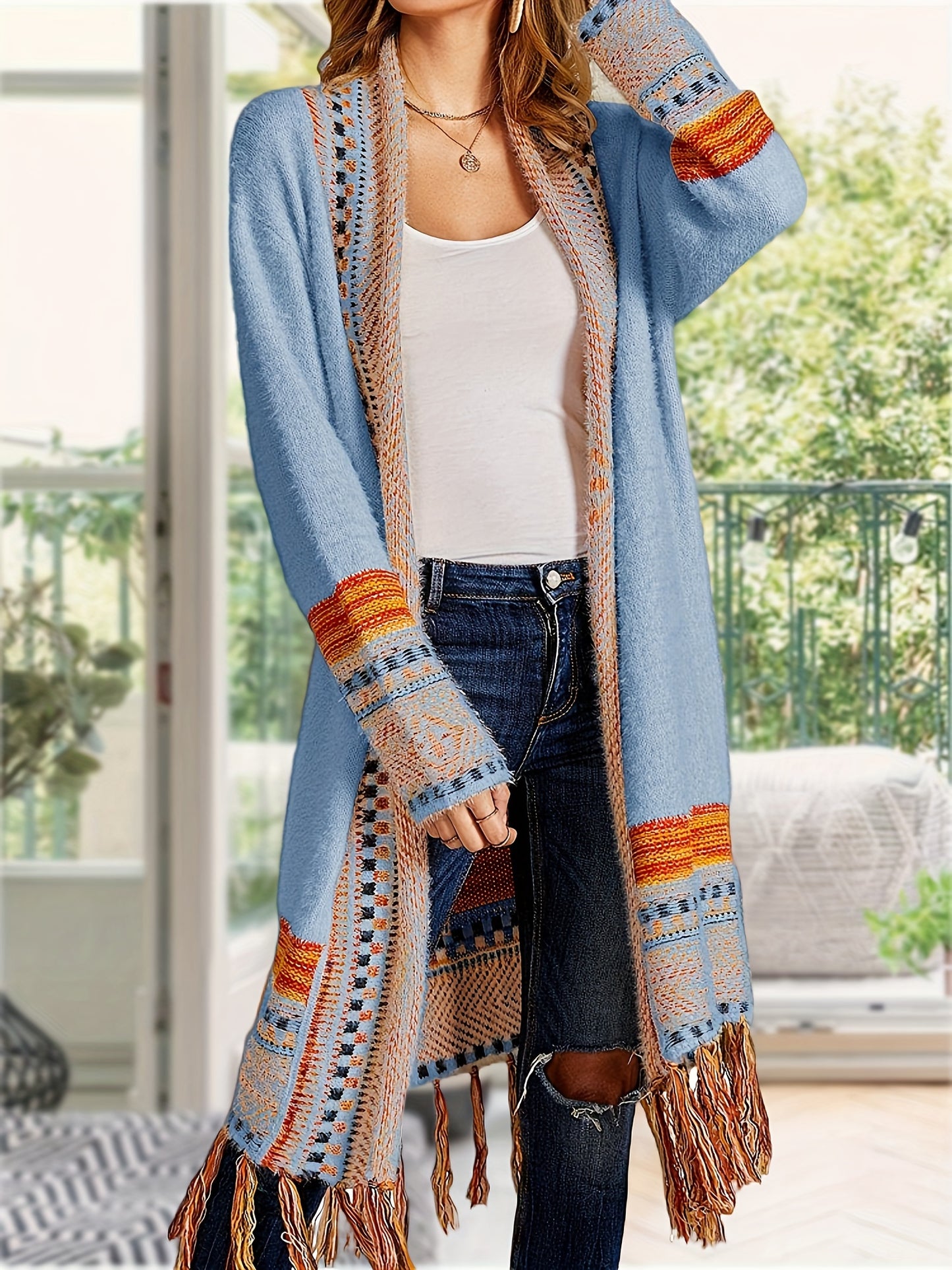 Cardigan Sweater Long Open Front Aztec Tribal