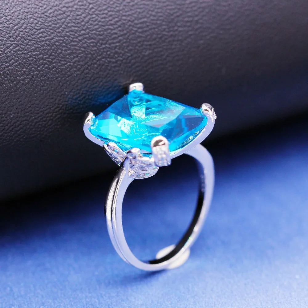 Blue Crystal Ring Rectangle Cubic Zirconia