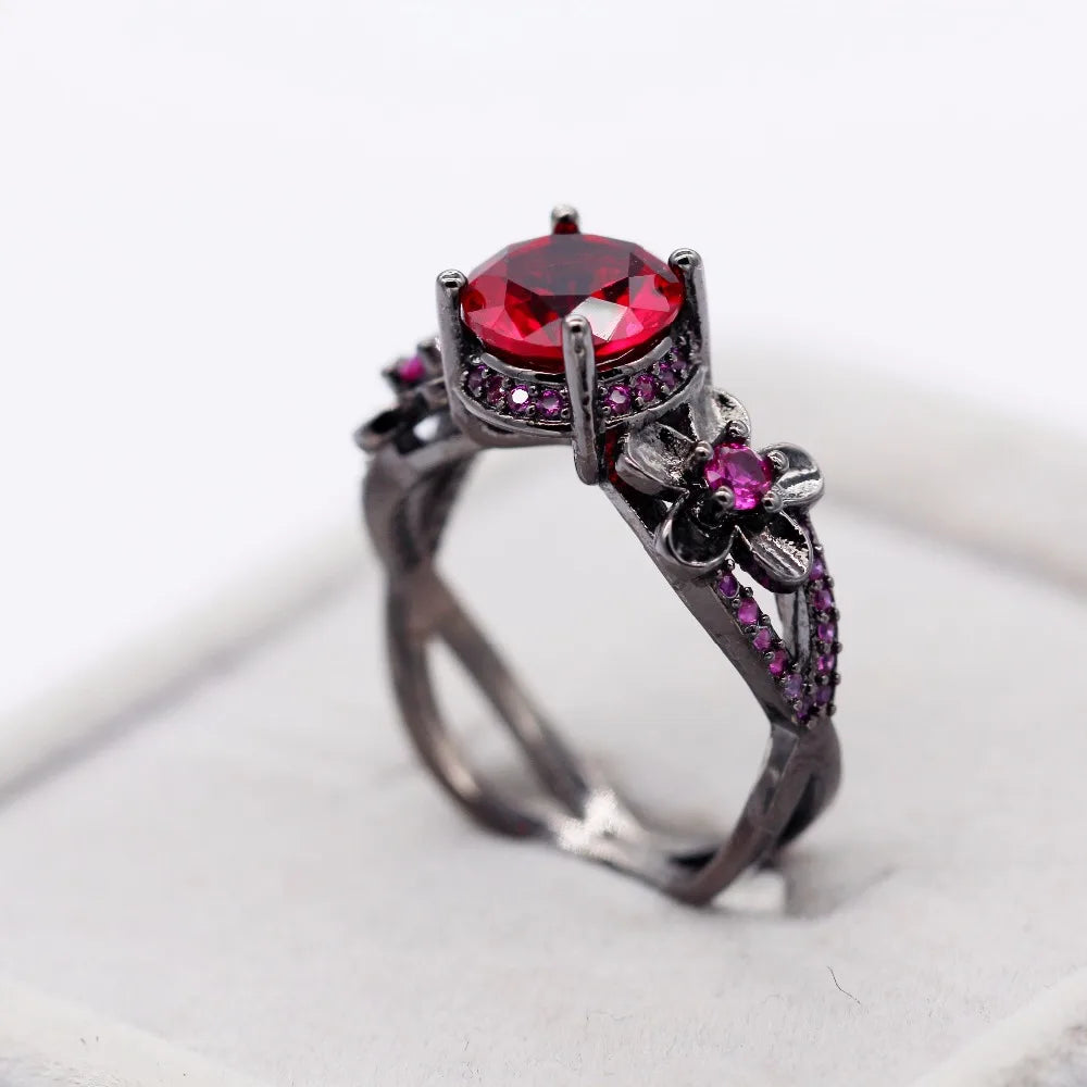 Black Rings for Women Cubic Zirconia Red Stone