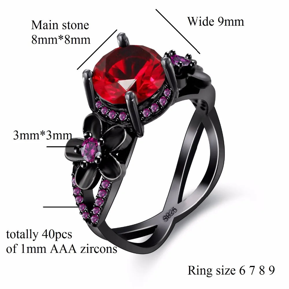 Black Rings for Women Cubic Zirconia Red Stone