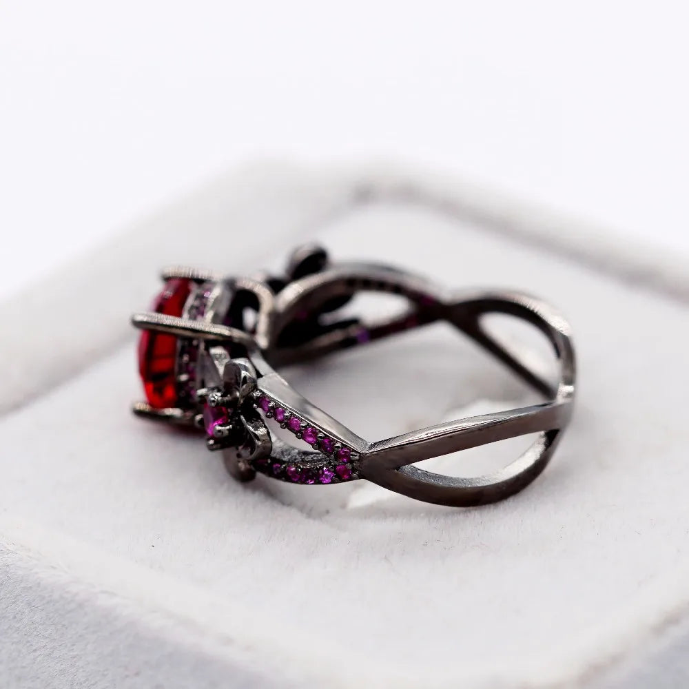 Black Rings for Women Cubic Zirconia Red Stone