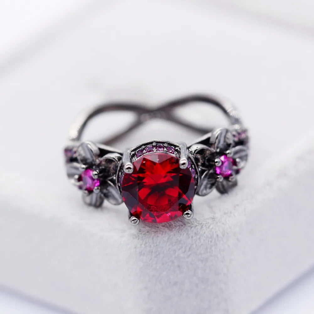 Black Rings for Women Cubic Zirconia Red Stone