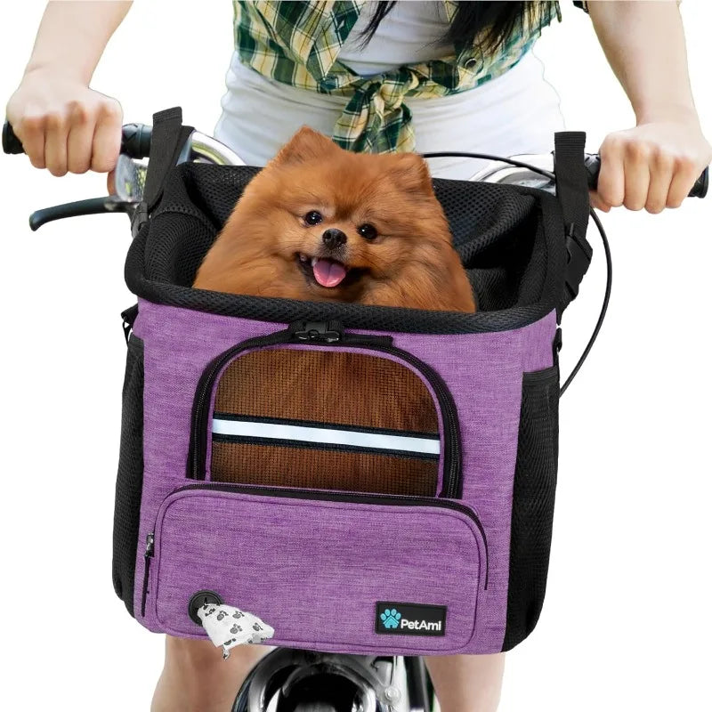 Dog Bike Basket, Soft-sided Ventilated Dog Bike Carrier Backpack, Small Medium Puppy Kitten Car Booster Seat with Safety Strap