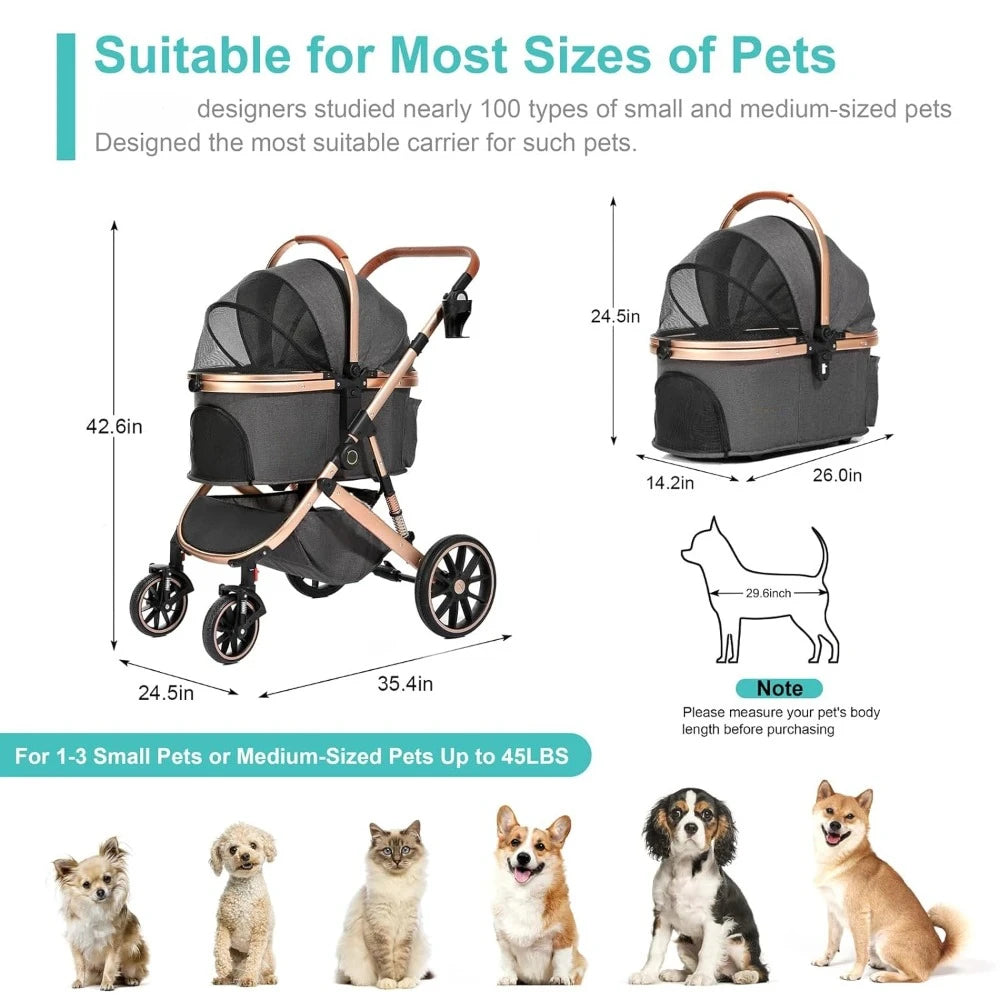 Stroller for Small Medium Dogs,Pet Stroller 3-in-1 4 Wheels Travel Jogger for Puppies Doggies Stroller with Detachable Carrier - All About Variety