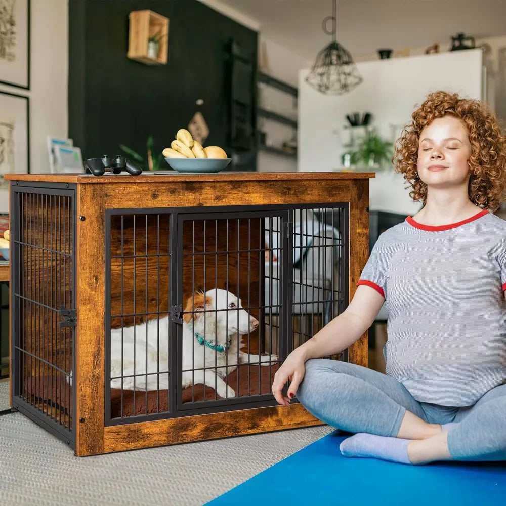 End Table Wooden Dogs Cage with Double Doors