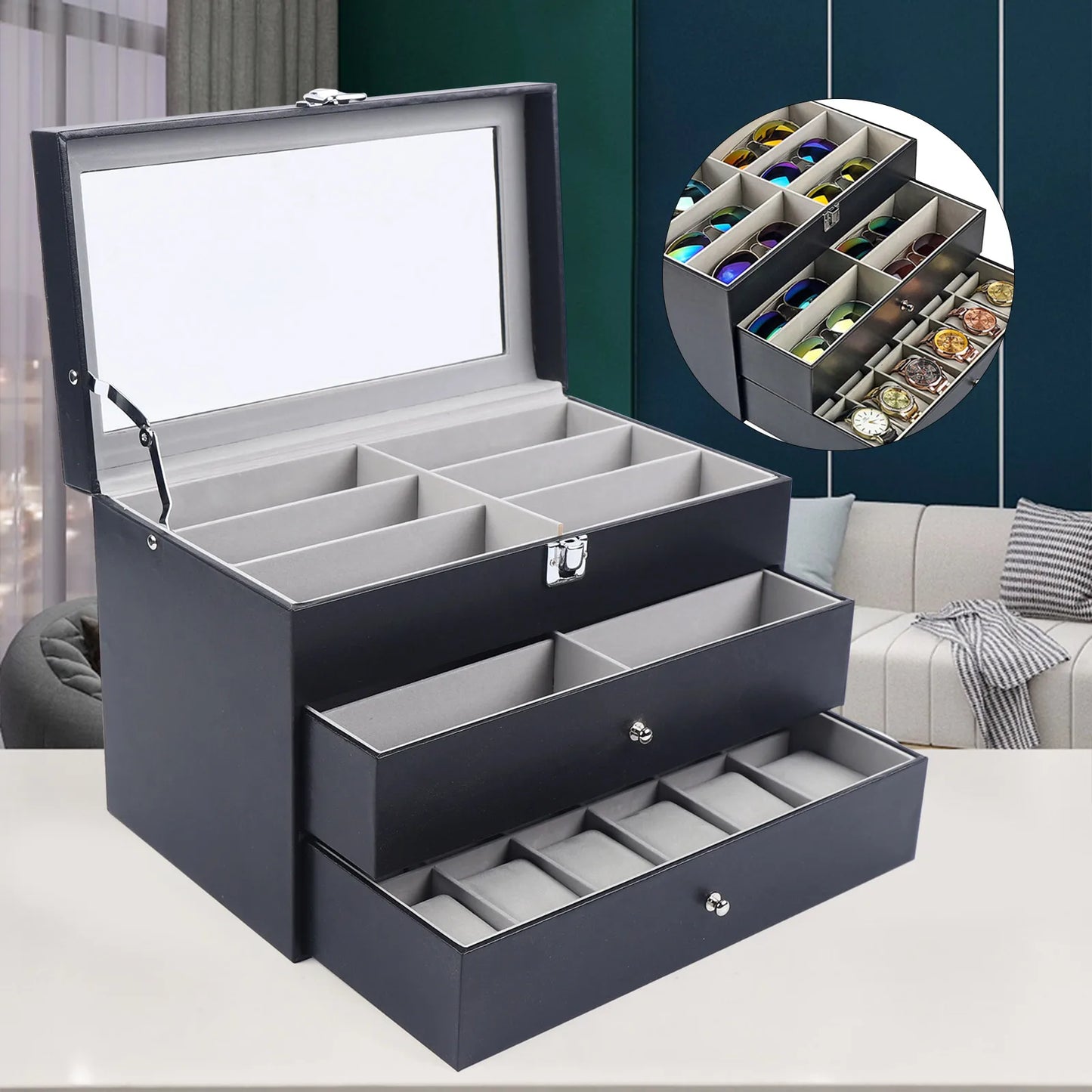 Black Leather Jewelry Display Case Organizer