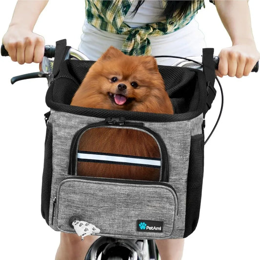 Dog Bike Basket, Soft-sided Ventilated Dog Bike Carrier Backpack, Small Medium Puppy Kitten Car Booster Seat with Safety Strap