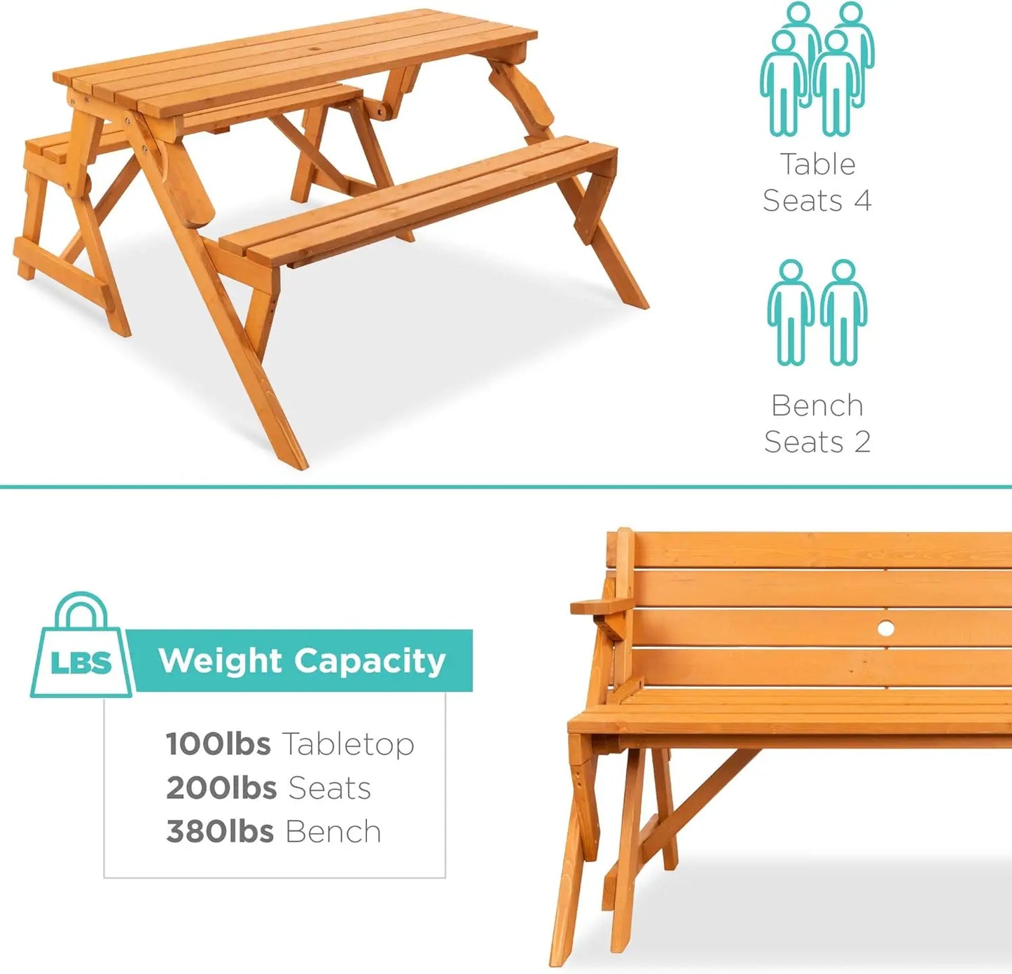 2-in-1 Interchangeable Outdoor Wooden Picnic Table Garden Bench f