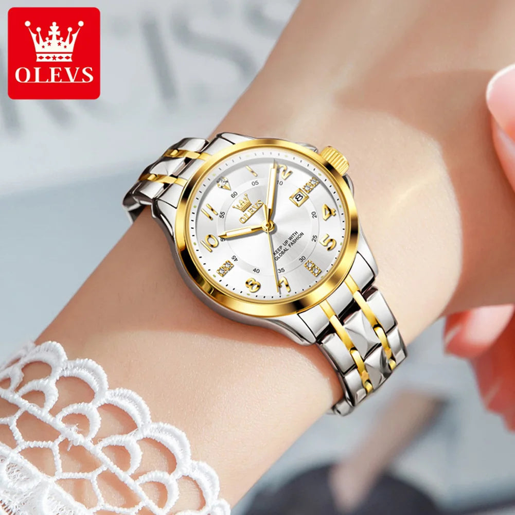 OLEVS Women's Watches Elegant Temperament Original Quartz Watch for Ladies Stainless Steel Waterproof Luminous Date Fashion - All About Variety