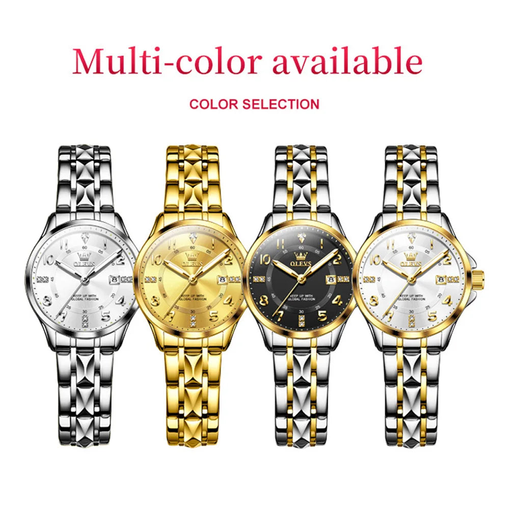 OLEVS Women's Watches Elegant Temperament Original Quartz Watch for Ladies Stainless Steel Waterproof Luminous Date Fashion - All About Variety