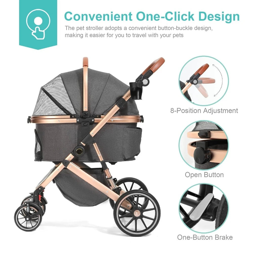 Stroller for Small Medium Dogs,Pet Stroller 3-in-1 4 Wheels Travel Jogger for Puppies Doggies Stroller with Detachable Carrier - All About Variety