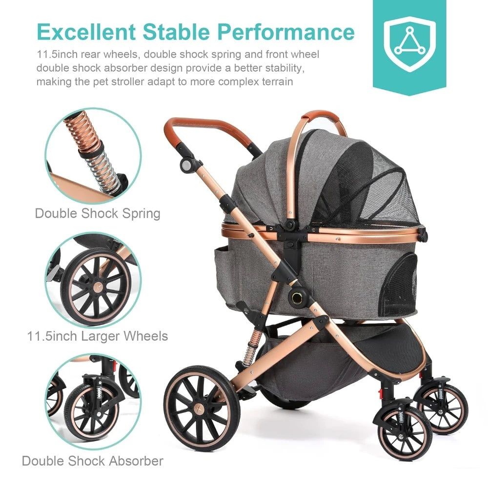 Stroller for Small Medium Dogs,Pet Stroller 3-in-1 4 Wheels Travel Jogger for Puppies Doggies Stroller with Detachable Carrier - All About Variety