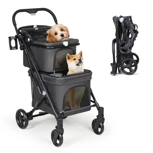 Double Pet Stroller, Lightweight Foldable with Detachable Carrier for Travel