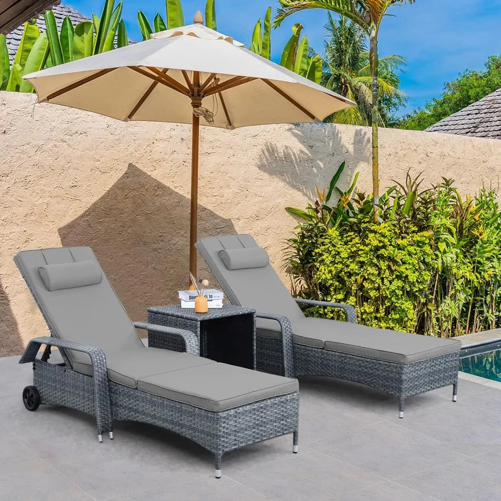 3-Piece Outdoor PE Wicker Sun Bathing Chair