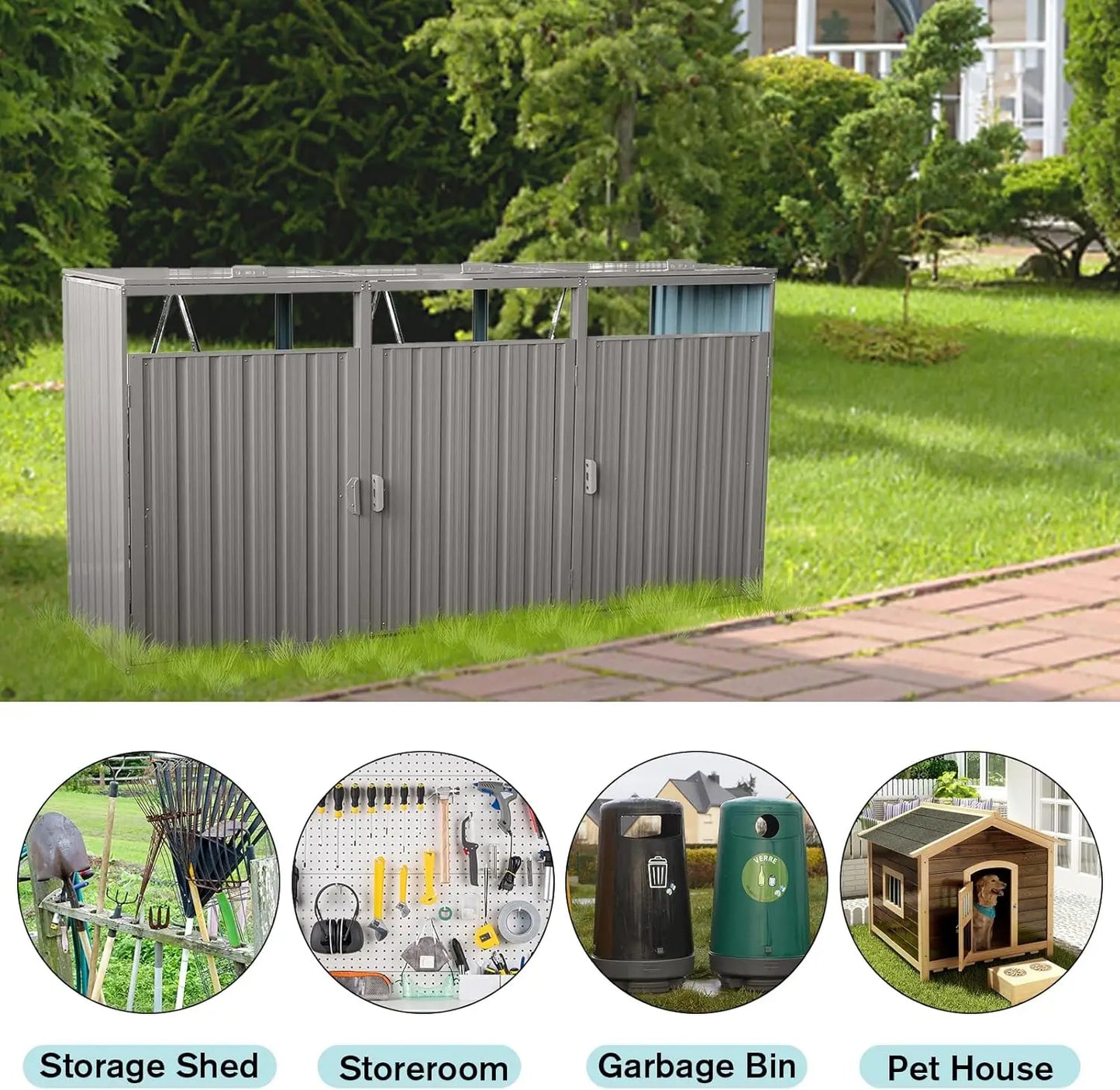 Outdoor Garbage Bin Storage Shed with Waterproof Metal