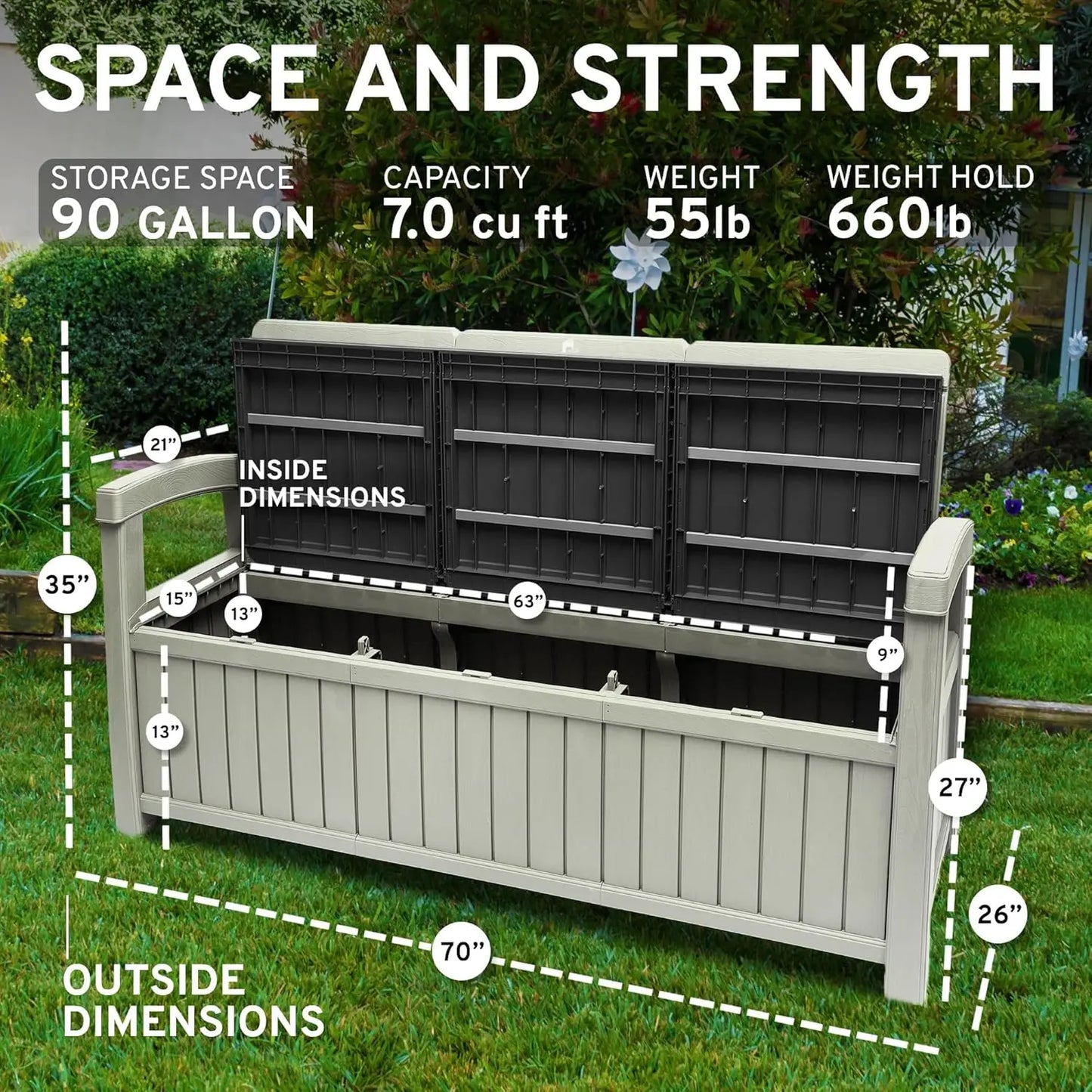 3 Seat Outdoor Storage Bench - 90 Gallon Capacity - All About Variety